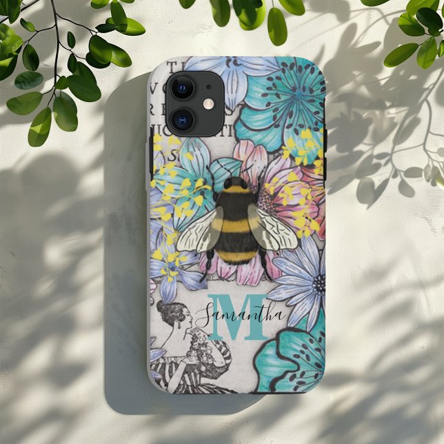 Coque iphone de monogramme de floraison d'abeille  (Créateur téléchargé)