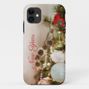 Coque iphone de Noël Brown pinecone-blanc bauble