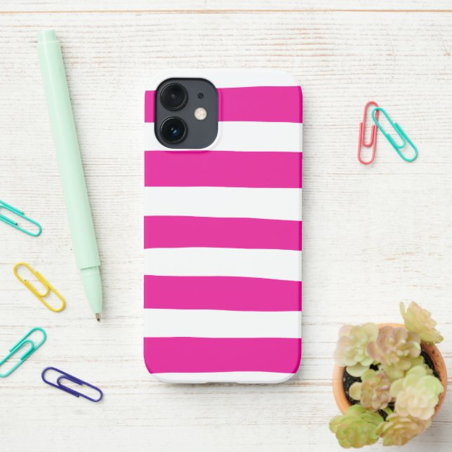 Coque iPhone Des bandes inégales en Magenta et Blanc (Sur le bureau)