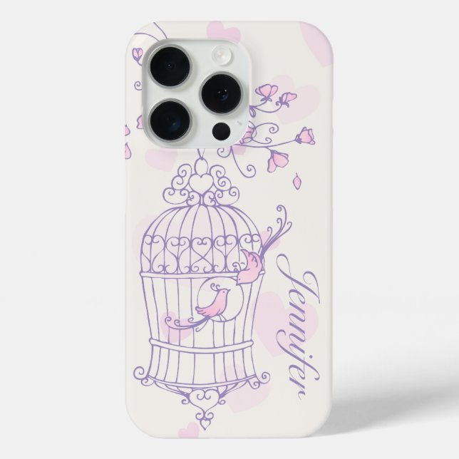 Coque iphone des oiseaux et des cages rose et viol (Verso)