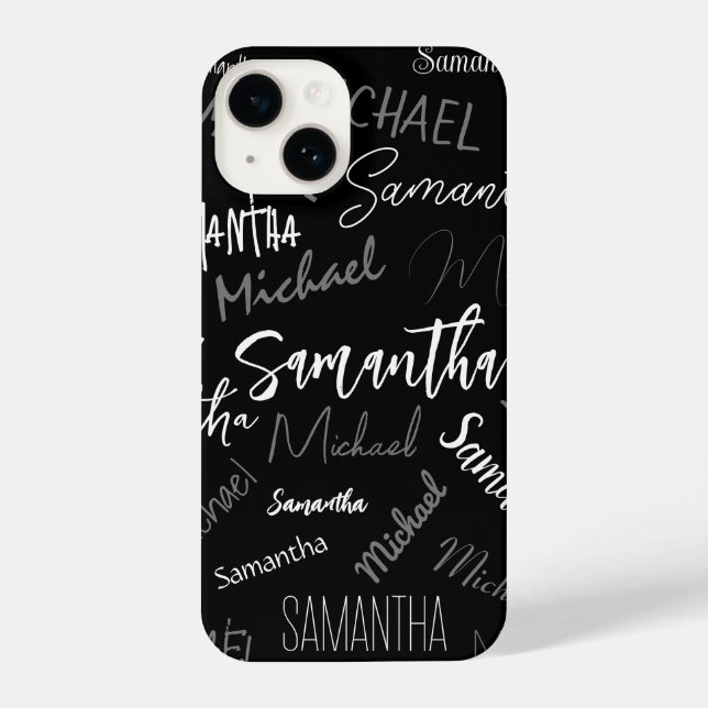Coque iPhone Deux noms couple motif monogramme noir gris blanc (Verso)
