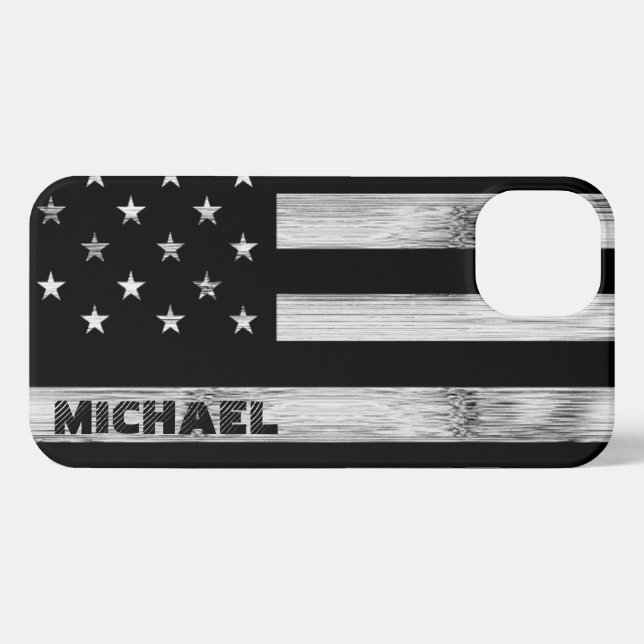 Coque iPhone Drapeau américain Bois rustique Noir Blanc Monogra (Verso Horizontal)