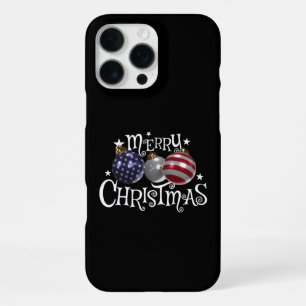 Coque iPhone 16 Pro Max Drapeau Américain Joyeux Noël Arbre Boules US Patr