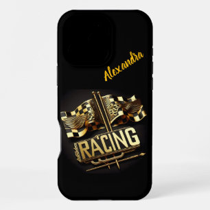 Coque iPhone 16 Pro Max Drapeaux de course agitant à la ligne d'arrivée