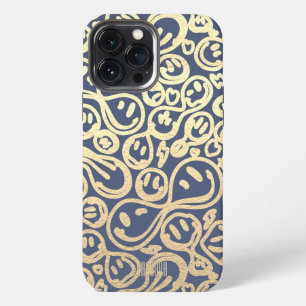 Etui iPhone 13 Pro Max Dusty Blue Gold Smile Sourire Visage Motif moderne