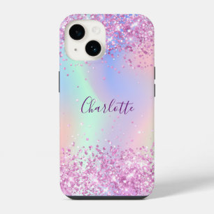 Coque Pour iPhone 14 Écriture de nom holographique rose violet
