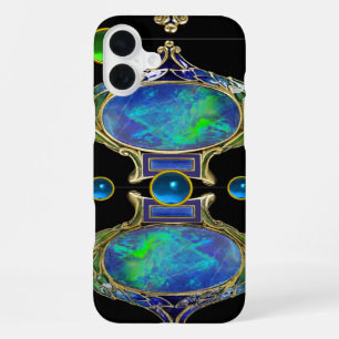 COQUE iPhone 16 PLUS EFFET OPALE BLEU VERT ABSTRAIT AVEC GEMMES