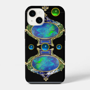 COQUE POUR iPhone 14 EFFET OPALE BLEU VERT ABSTRAIT AVEC GEMMES