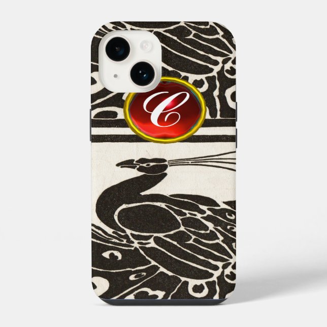 COQUE iPhone ÉLÉGANT BLACK BLACK PEACOCK RED RUBY GEM MONOGRAM (Verso)