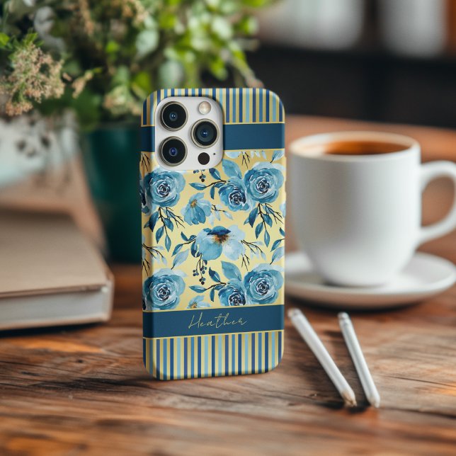 Coque iPhone Élégant bleu bleu or floral rayure Monogramme (Créateur téléchargé)