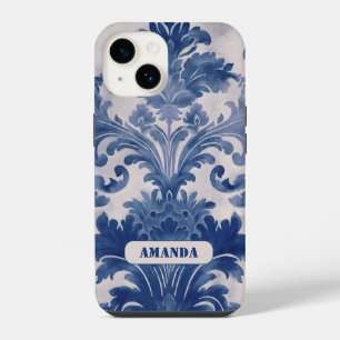 Coque Pour iPhone 14 Élégant bleu français damas toile monogramme