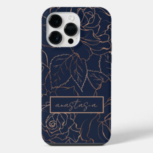 Coque Pour Pour iPhone 14 Pro Max Élégant bleu or Roses Nom