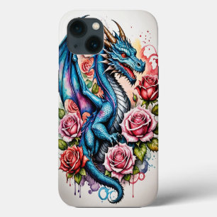 Etui iPhone 13 Élégant boîtier de téléphone Dragon Bleu avec Rose