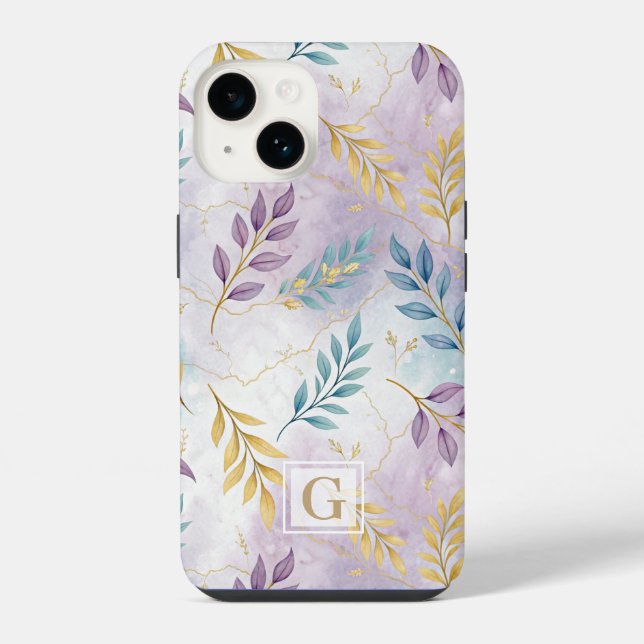 Coque iPhone Elegant Gold Botanical Marble Mongram (Verso)