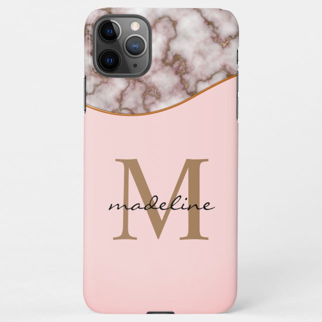 Coque iPhone Élégant marbre d'or brut Dusty rose Monogramme (Dos)