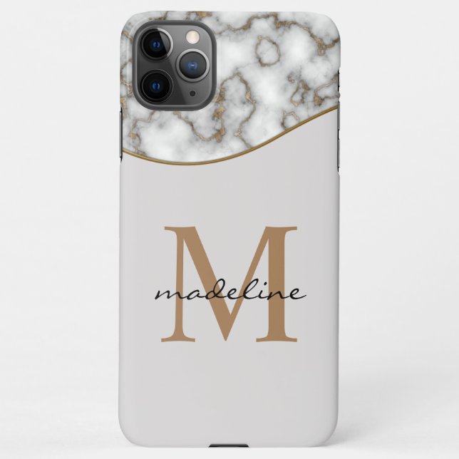 Coque iPhone Élégant Marbre d'or rougeâtre noir Gris Monogramme (Dos)