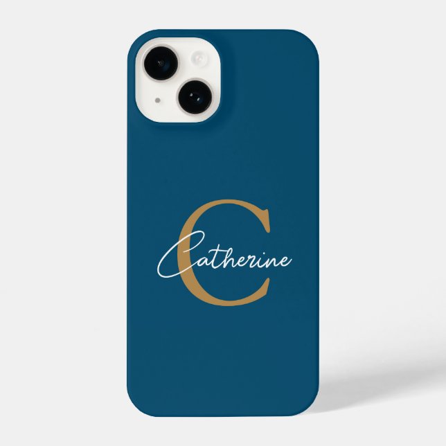 Coque iPhone Élégant minimaliste bleu et or Script Monogramme (Verso)
