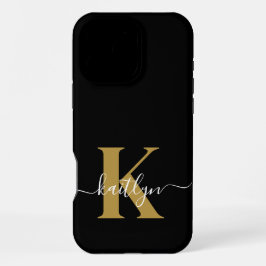 Coque iPhone 16 Pro Max Élégant Monogramme Black Gold Script