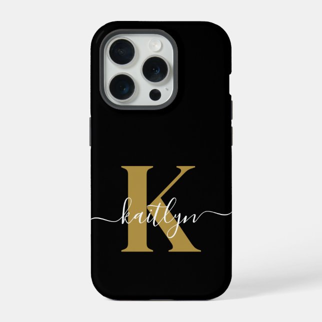 Coque iPhone Élégant Monogramme Black Gold Script (Verso)