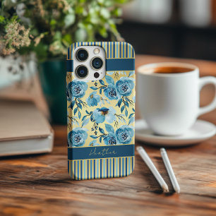 Élégant Monogramme Fleurie Rayée Bleu Poussiéreux