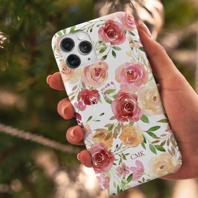 Coque iPhone Élégant monogramme floral de l'aquarelle de Pêche  (Créateur téléchargé)
