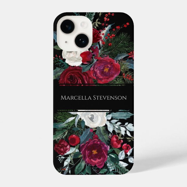 Coque iPhone Elégant Monogramme Floral de Noël Aquarelle (Verso)