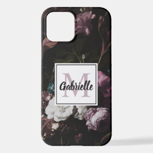 Coque iPhone 12 Élégant Monogramme floral foncé Nom du script