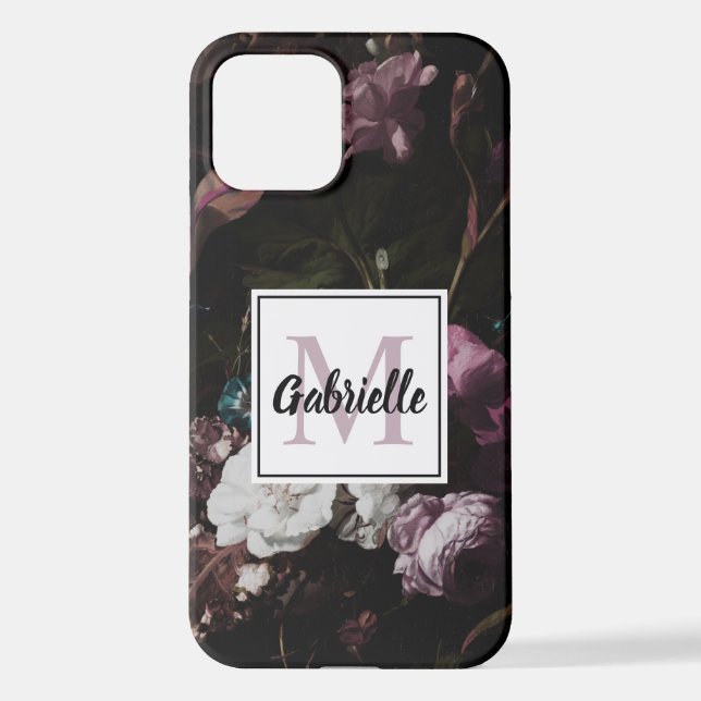 Coque iPhone Élégant Monogramme floral foncé Nom du script (Verso)