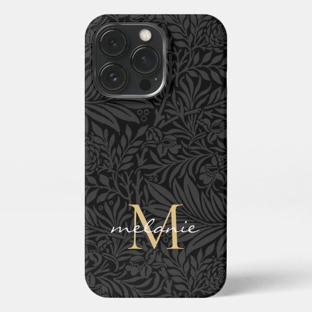 Coque iPhone Élégant Monogramme Floral Or Noir (Verso)