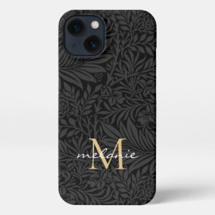Etui iPhone 13 Élégant Monogramme Floral Or Noir