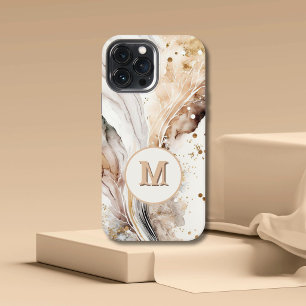 Etui iPhone 13 Pro Max Élégant Monogramme Marbre Brun Or Design Abstrait