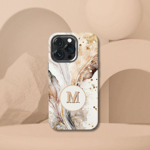 Etui iPhone 13 Pro Élégant Monogramme Marbre Brun Or Design Abstrait