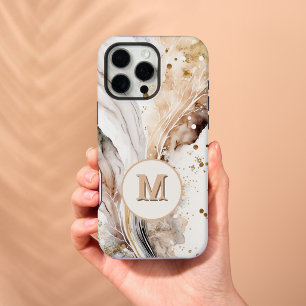 Coque iPhone 16 Pro Max Élégant Monogramme Marbre Brun Or Design Abstrait