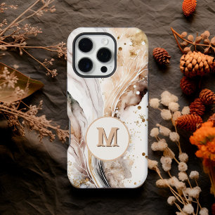 Coque iPhone 16 Pro Élégant Monogramme Marbre Brun Or Design Abstrait