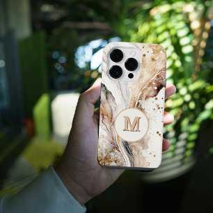 Coque Pour iPhone 14 Plus Élégant Monogramme Marbre Brun Or Design Abstrait