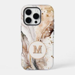 Coque iPhone 16 Pro Élégant Monogramme Marbre Brun Or Design Abstrait