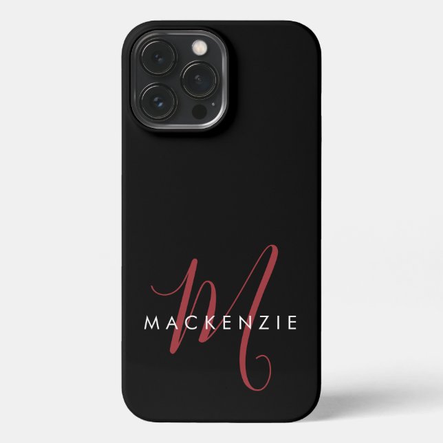 Coque iPhone Élégant Monogramme moderne noir rouge (Verso)