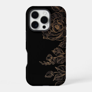 Coque iPhone 16 Pro Elégant or floral sur noir