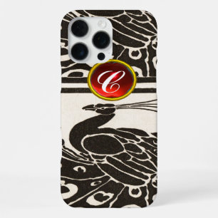 COQUE iPhone 16 PRO MAX ÉLÉGANT PAON BLANC NOIR RUBIS ROUGE GEMME MONOGRAM