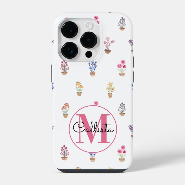 Coque iPhone Elégant Pays Fleurs Potées Aquarelle Monogramme (Verso)