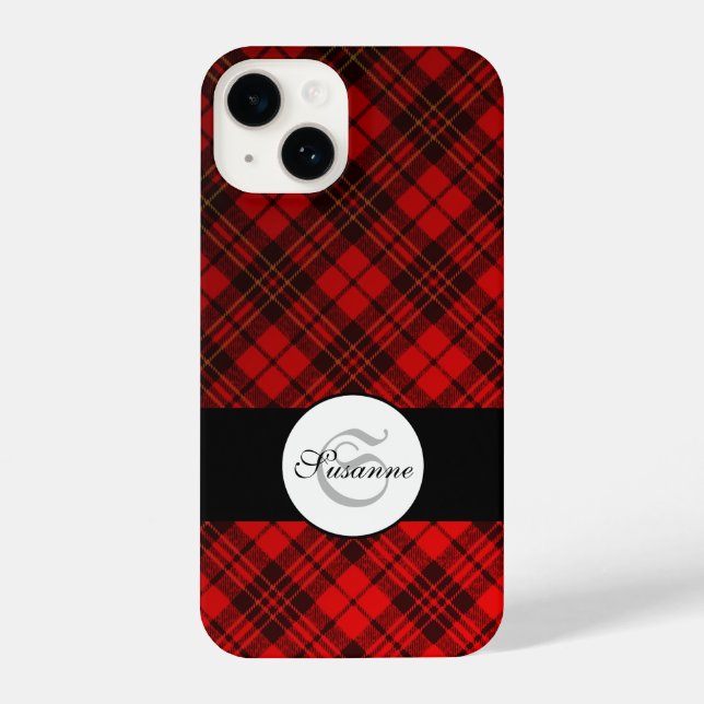 Coque iPhone Élégant rouge vif tartan de Noël Monogramme (Verso)