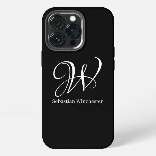 Coque iPhone Élégant script de nom initial monogramme noir blan (Dos)