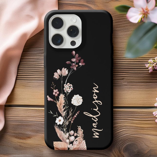 Coque iPhone Élégant script Monogram Boho Fleur sauvage (Créateur téléchargé)