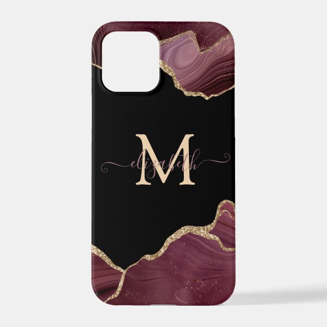 Coque iPhone Elegant Stylish Gold Glitter Burgundy Agate (Verso)