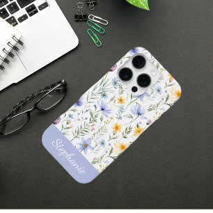 Coque iPhone 16 Pro Élégante fleur sauvage aquarelle bleu violet
