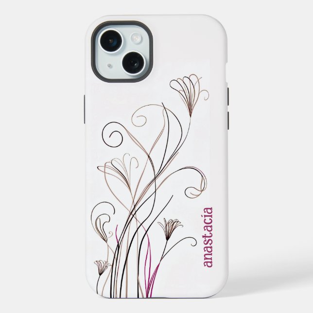 Coque iPhone Elégante ligne élégante florale brun noir rose (Verso)