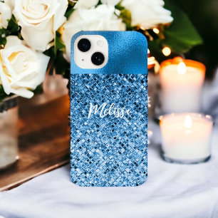 Coque Pour iPhone 14 Elégante Parties scintillant Bleue Personnalisée L