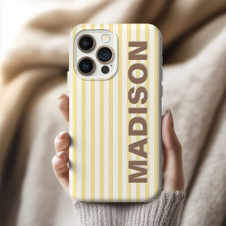 Coque iPhone 16 Pro Max Élégante Robe de Mariée Rayée Jaune Beurre Nom Dem