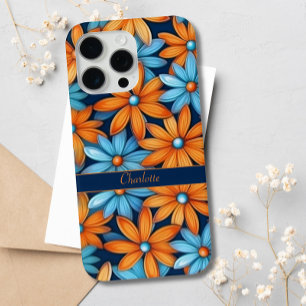 Élégantes Fleurs Bleues et Orange Nom Personnalisé