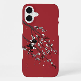 Coque iPhone 16 Plus Élégantes fleurs de prune et chats noirs